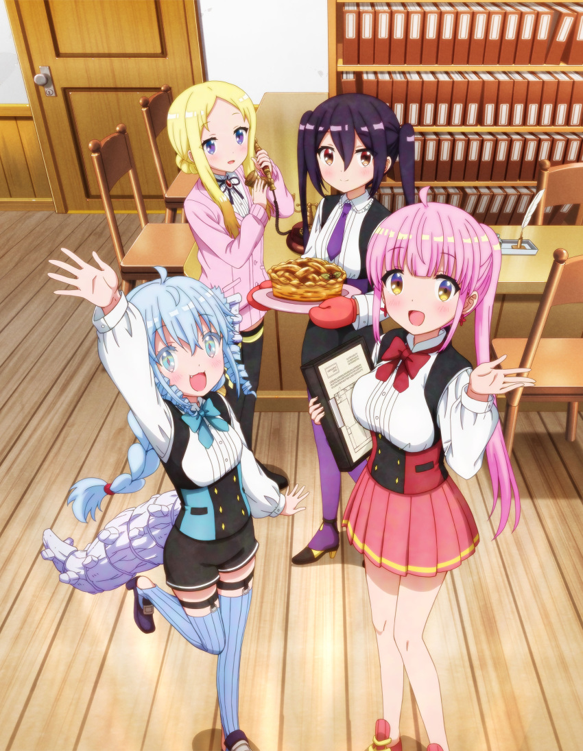 absurdres ahoge arm_up bangs black_ribbon black_shorts blouse blue_eyes blue_hair blue_legwear blush bow bowtie brown_eyes fa_(rpg_fudousan) fang feet_out_of_frame food high_heels highres holding holding_food kazairo_kotone key_visual neck_ribbon official_art parted_bangs pie pink_mittens pink_skirt pleated_skirt promotional_art purple_hair rakira_(rpg_fudousan) red_neckwear ribbed_legwear ribbon rpg_fudousan rufuria_(rpg_fudousan) shorts sidelocks skirt smile thigh-highs twintails violet_eyes white_blouse