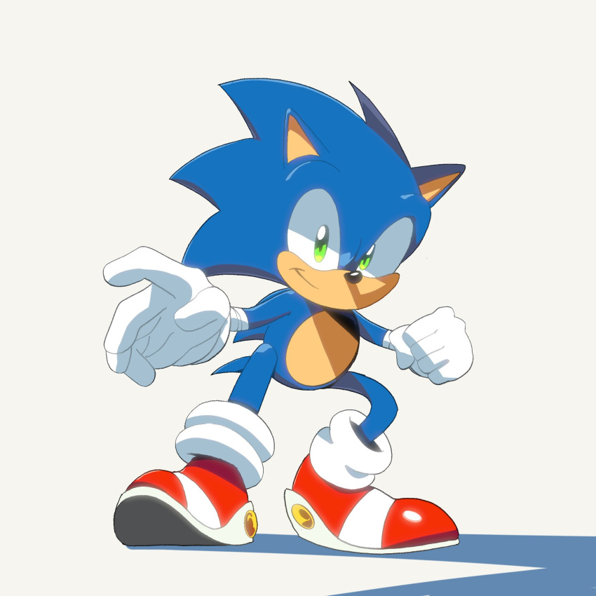 1boy a_r_q bandaged_arm bandages clenched_hand english_commentary furry furry_male gloves green_eyes highres open_hand red_footwear redesign shadow smile solo sonic_(series) sonic_the_hedgehog white_background white_gloves