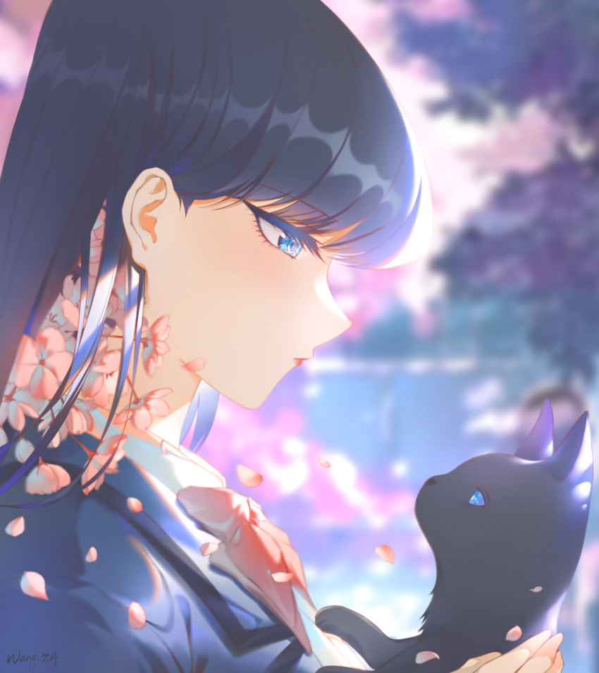 1girl animal bangs black_hair blue_eyes blurry blurry_background cat chinese_commentary closed_mouth commentary_request day eyelashes falling_petals flower from_side hair_behind_ear highres holding holding_animal holding_cat jacket komi-san_wa_komyushou_desu komi_shouko lipstick long_hair looking_down makeup neck_ribbon outdoors petals pink_flower pink_ribbon ribbon shirt signature solo upper_body wangza white_shirt