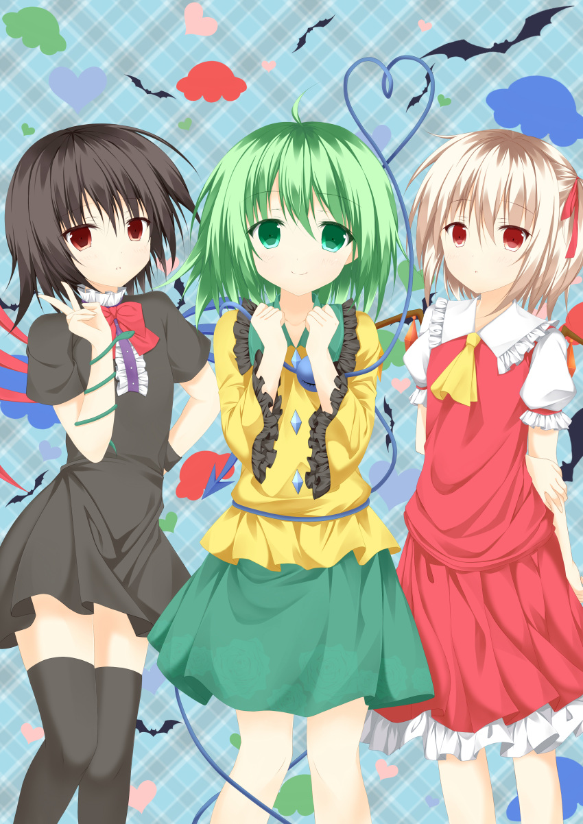 3girls absurdres ahoge ascot asymmetrical_wings bangs bat black_dress black_hair black_legwear blonde_hair blouse blue_background blue_wings bow bowtie buttons center_frills closed_mouth collared_blouse commentary_request cowboy_shot diamond_button dress eyeball eyebrows_visible_through_hair flandre_scarlet flat_chest frilled_dress frilled_shirt_collar frilled_skirt frilled_sleeves frills green_eyes green_hair green_skirt hair_between_eyes hair_ribbon heart heart_of_string highres houjuu_nue km-c komeiji_koishi long_sleeves looking_at_viewer medium_skirt multiple_girls no_hat no_headwear one_side_up plaid plaid_background puffy_short_sleeves puffy_sleeves red_bow red_bowtie red_eyes red_ribbon red_skirt red_vest red_wings ribbon shirt short_dress short_hair short_sleeves skirt smile snake thigh-highs third_eye touhou ufo v vest white_shirt wide_sleeves wings wristband yellow_ascot yellow_blouse