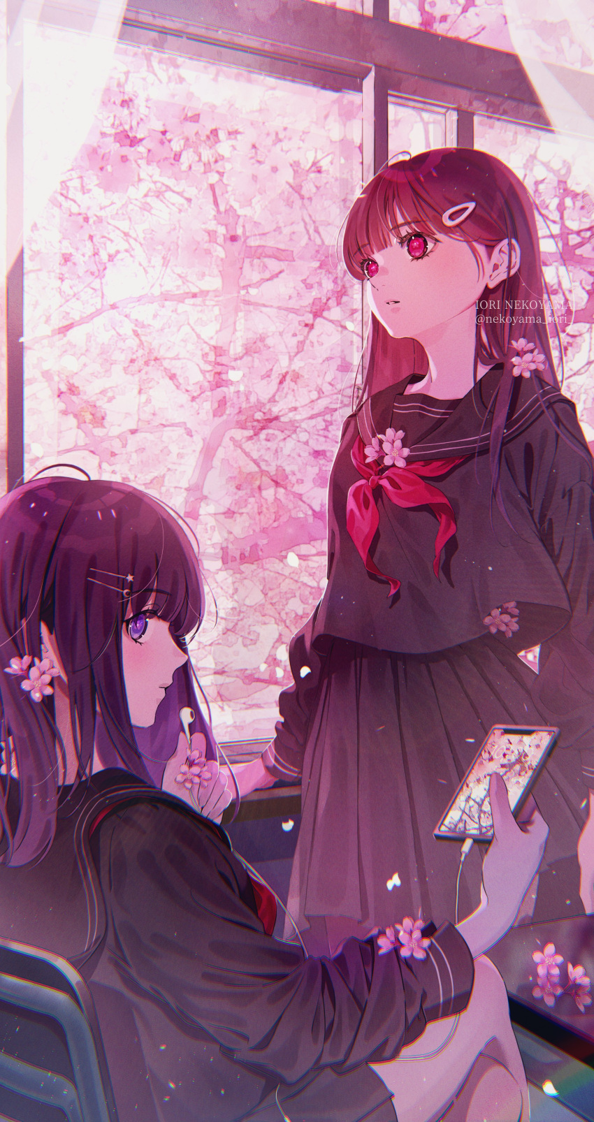 2girls absurdres bangs black_sailor_collar black_shirt black_skirt blue_eyes chair cherry_blossoms classroom closed_mouth curtains expressionless flower hair_ornament hairclip hand_up highres holding holding_phone indoors long_hair long_sleeves looking_at_viewer looking_back multiple_girls neckerchief nekoyama_iori original petals phone pink_flower pleated_skirt purple_hair red_eyes red_neckerchief sailor_collar school_uniform serafuku shirt sitting skirt standing tree window