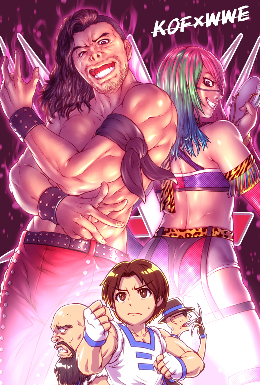 1girl 4boys armband asuka_(wrestler) bald beard black_hair blue_hair brown_hair chang_koehan choi_bounge claws commentary crossover facial_hair green_hair hat highres holding holding_mask kim_kaphwan kuroshio_(zung-man) long_hair mask multicolored_hair multiple_boys muscular muscular_female muscular_male nakamura_shinsuke pink_hair round_eyewear short_hair smile the_king_of_fighters_all-stars upper_body wrestling wwe