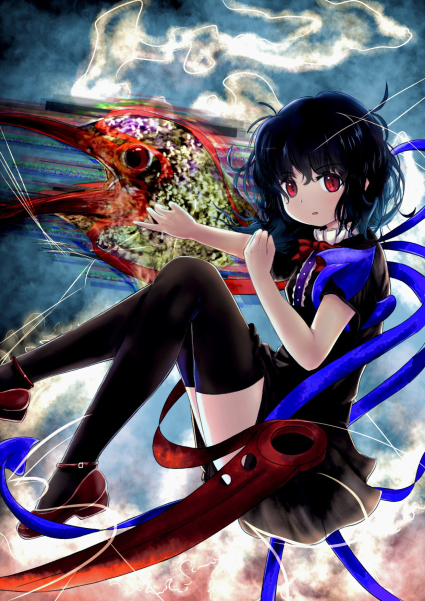 1girl asymmetrical_wings bangs black_dress black_hair black_legwear blue_wings blush bow bowtie buttons center_frills commentary_request dress eyebrows_visible_through_hair frilled_dress frills full_body highres houjuu_nue looking_at_viewer mary_janes morizou_shi open_mouth red_bow red_bowtie red_eyes red_footwear red_wings shoes short_dress short_hair short_sleeves solo thigh-highs touhou wings