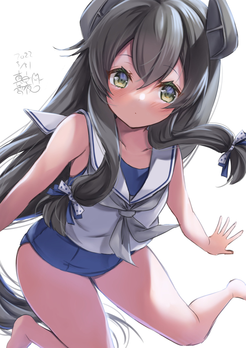 1girl absurdres artist_name bare_arms bare_legs bare_shoulders barefoot black_hair blue_swimsuit blush closed_mouth collarbone dated eyebrows_visible_through_hair green_eyes grey_neckerchief hair_between_eyes headgear highres i-47_(kancolle) kantai_collection long_hair mashiro_yukiya neckerchief one-piece_swimsuit sailor_collar sailor_shirt school_swimsuit shirt sidelocks signature simple_background sleeveless sleeveless_shirt solo swimsuit white_background white_sailor_collar