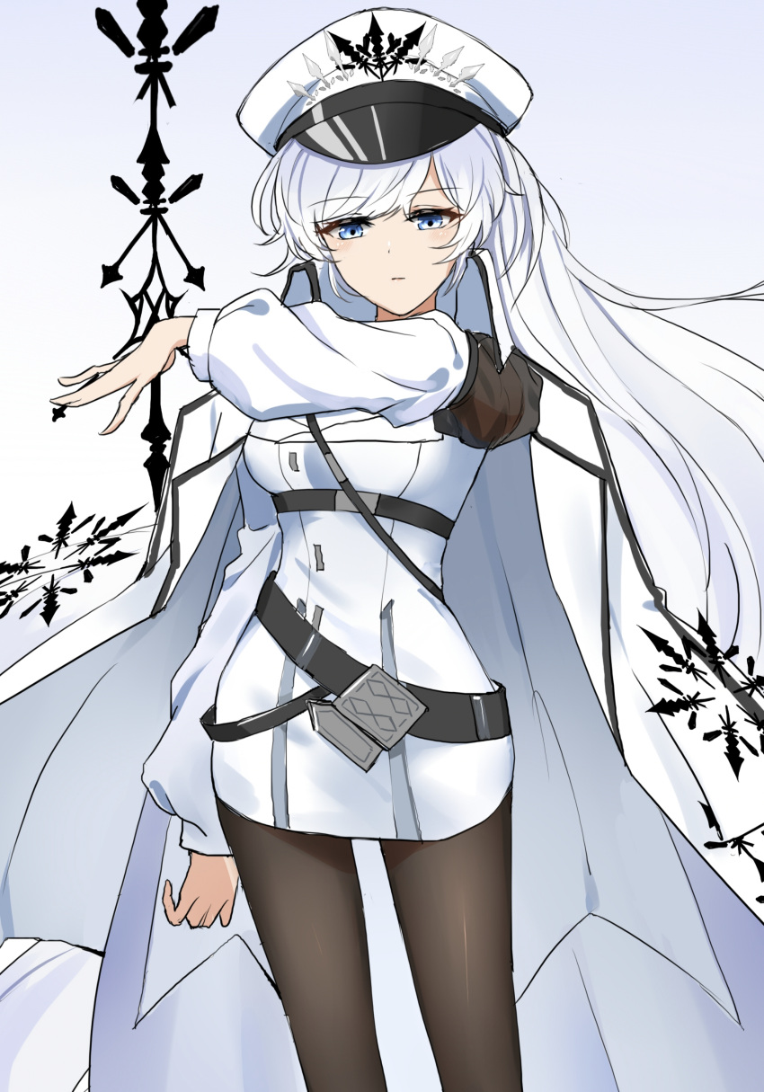 1girl absurdres alternate_universe armband belt black_belt black_legwear blue_eyes cape coat dress english_commentary expressionless eyebrows_visible_through_hair hand_up hat highres long_hair looking_at_viewer military military_hat military_uniform multiple_belts pantyhose peaked_cap rwby rwby_ice_queendom snowflakes solo tl_(xdd) uniform weiss_schnee white_cape white_coat white_dress white_hair