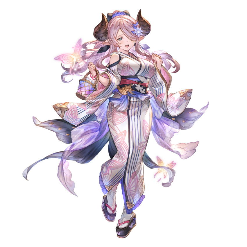 1girl alpha_transparency bangs black_bow blue_eyes blush bow breasts bug butterfly draph flower full_body granblue_fantasy hair_bow hair_flower hair_ornament hair_over_one_eye horns japanese_clothes kimono large_breasts light_purple_hair long_hair looking_at_viewer minaba_hideo narmaya_(granblue_fantasy) obi official_art open_mouth pointy_ears ponytail purple_flower sash smile solo tabi transparent_background yukata
