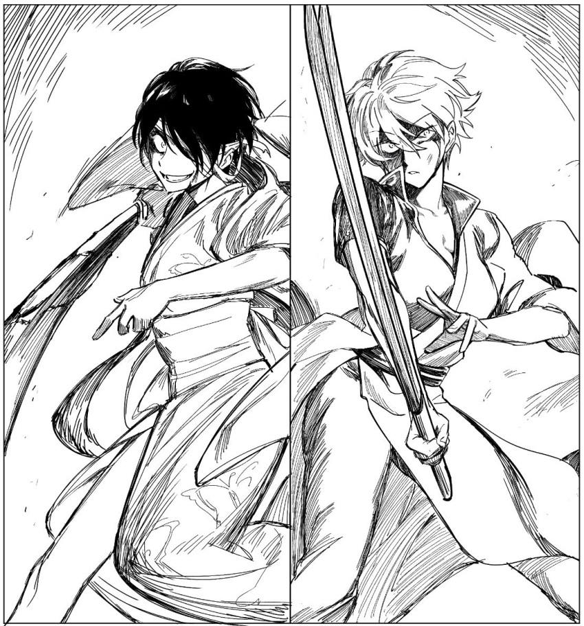 bandage_over_one_eye fighting_stance genderswap genderswap_(mtf) gintama greyscale holding holding_sword holding_weapon japanese_clothes kimono monochrome panels sakata_gintoki short_hair short_sleeves spotaka sword takasugi_shinsuke weapon