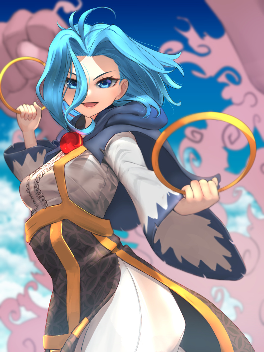 1girl blue_eyes blue_hair blurry blurry_background braco breasts clouds depth_of_field dress highres holding hood hood_down hoop jewelry kesa kumoi_ichirin long_sleeves looking_at_viewer open_mouth smile solo touhou unzan wide_sleeves