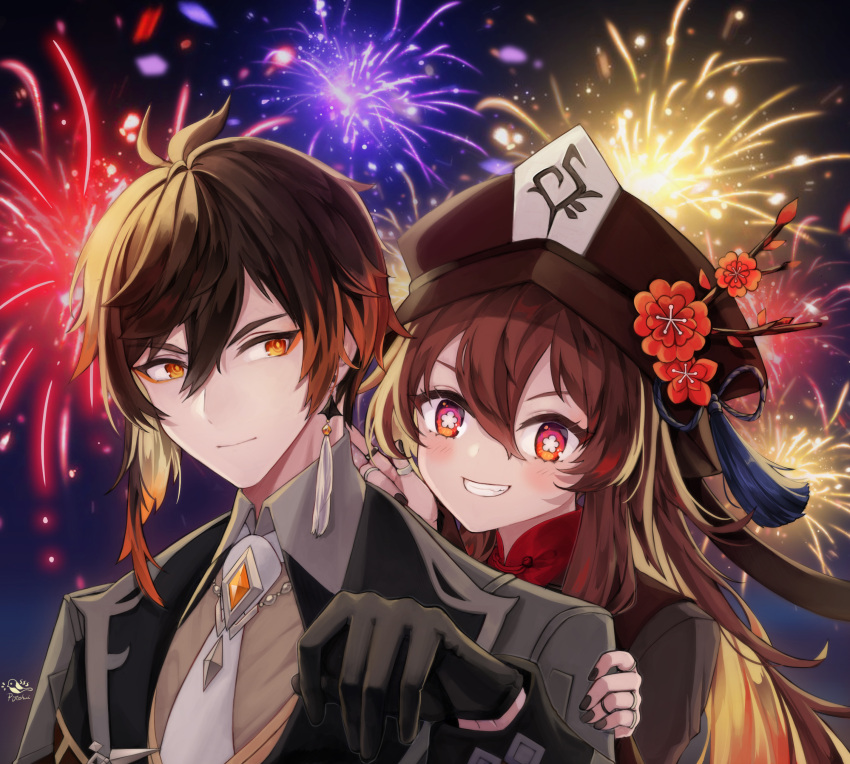 absurdres bangs black_gloves black_hair black_headwear black_nails blush brown_hair chinese_clothes coat collared_coat collared_shirt colored_tips commentary earrings eyeliner eyeshadow face-to-face fireworks flower flower-shaped_pupils formal genshin_impact gloves gradient_hair hair_between_eyes hand_on_another's_arm hand_up hat hat_flower hat_ornament highres hu_tao_(genshin_impact) jacket jewelry light long_hair long_sleeves looking_at_viewer makeup multicolored_hair multiple_rings necktie night outdoors pitohuibloodbend plum_blossoms ponytail porkpie_hat red_eyes red_eyeshadow red_shirt ring shadow shirt sidelocks signature single_earring sky smile suit symbol-shaped_pupils tassel tassel_earrings teeth thumb_ring vest zhongli_(genshin_impact)