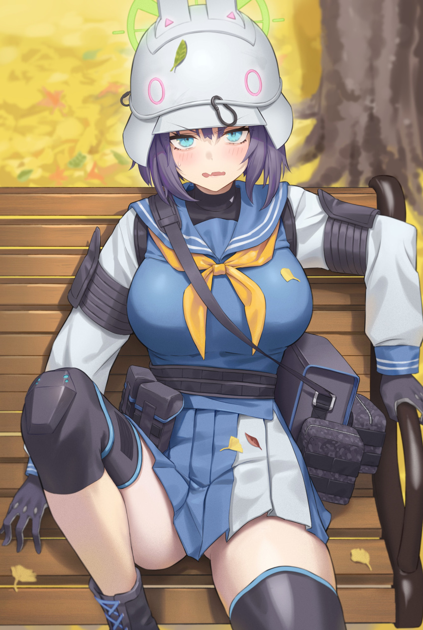 1girl absurdres aqua_eyes bench black_footwear black_gloves black_legwear blue_archive blue_sailor_collar blush boots breasts day fang gloves hair_between_eyes halo helmet highres ildy knee_pads large_breasts leaf neckerchief open_mouth outdoors pleated_skirt pouch purple_hair sailor_collar saki_(blue_archive) school_uniform serafuku short_hair single_thighhigh sitting skin_fang skirt solo symbol-shaped_pupils thigh-highs tree white_headwear yellow_neckerchief