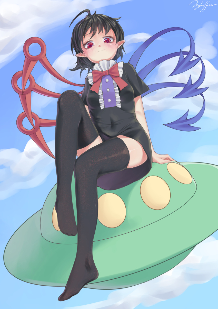 1girl absurdres ahoge asymmetrical_wings bangs black_dress black_hair black_legwear blue_sky blue_wings blush bow bowtie breasts buttons center_frills closed_mouth clouds commentary covered_navel day dress eyebrows_visible_through_hair frilled_dress frills full_body highres houjuu_nue littiecy looking_at_viewer looking_down no_shoes pointy_ears red_bow red_bowtie red_eyes red_wings short_dress short_hair short_sleeves signature sitting sky small_breasts smile solo thigh-highs touhou ufo wings