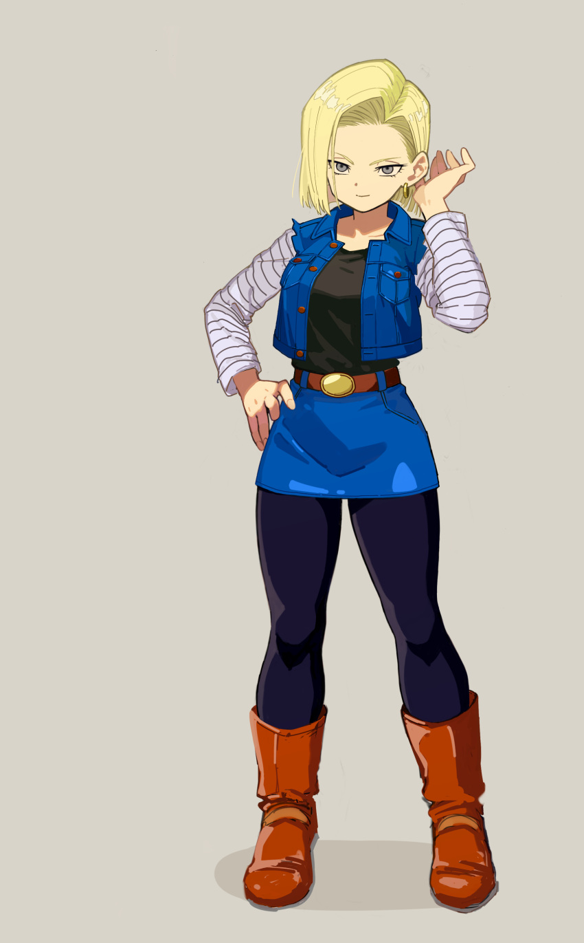 1girl absurdres android_18 belt black_pants black_shirt blonde_hair blue_skirt blue_vest boots brown_footwear dragon_ball dragon_ball_z earrings grey_background grey_eyes hand_on_hip hand_up highres jewelry layered_sleeves long_sleeves looking_at_viewer pants rokoido12 shadow shirt short_hair short_over_long_sleeves short_sleeves simple_background skirt smile solo striped_sleeves vest