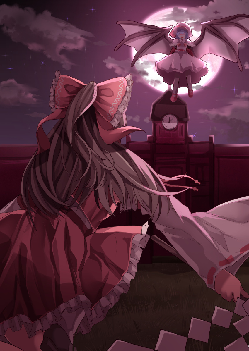 2girls absurdres back_bow bangs bat_wings bow brown_hair clock clock_tower detached_sleeves embodiment_of_scarlet_devil frilled_bow frilled_skirt frills gohei grass hair_bow hakurei_reimu hat highres holding large_wings long_hair maboroshi_mochi mary_janes mob_cap moon multiple_girls night open_mouth outdoors pink_headwear pink_shirt pink_skirt puffy_short_sleeves puffy_sleeves purple_hair purple_sky red_bow red_footwear red_moon red_skirt remilia_scarlet scarlet_devil_mansion shirt shoes short_sleeves skirt socks touhou tower white_legwear wings