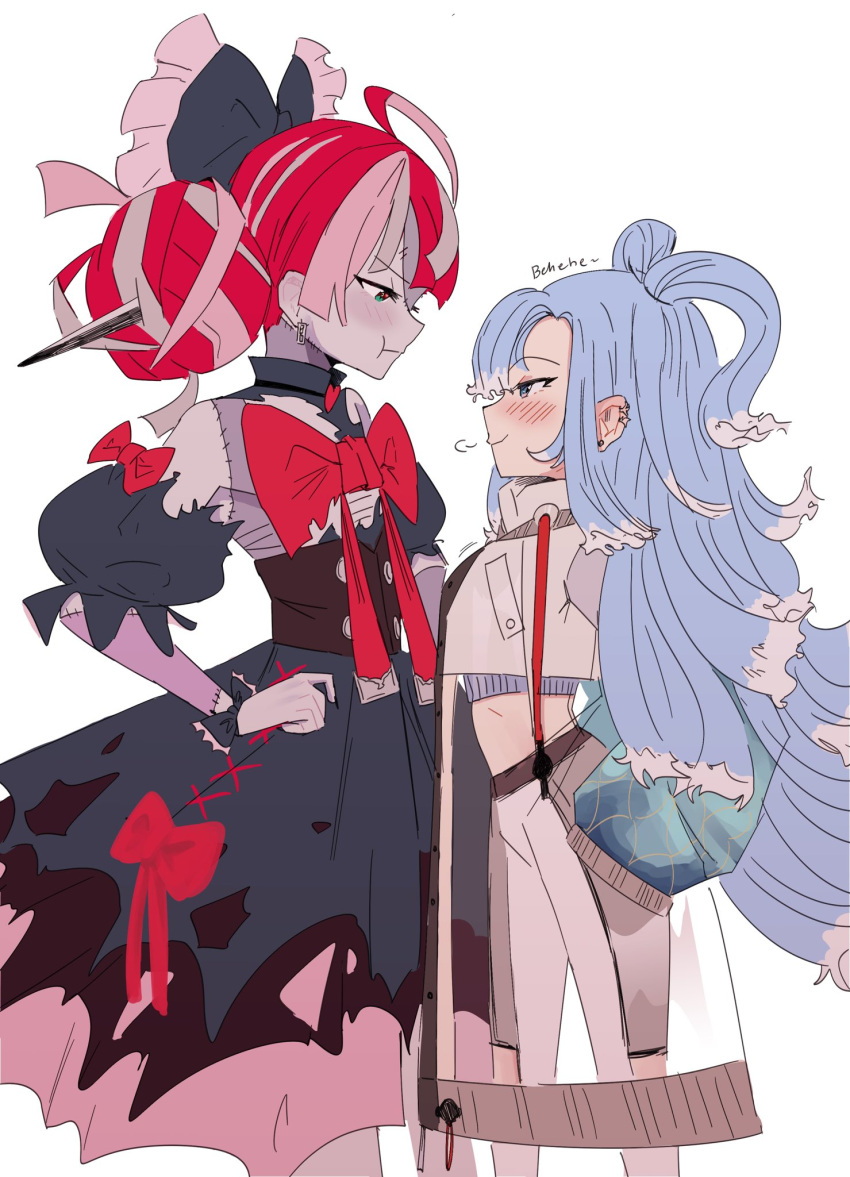 2girls ahoge bare_shoulders black_bow blue_eyes blue_hair blush bow breast_envy closed_mouth colored_skin corset earrings english_text eyebrows_visible_through_hair frilled_bow frills green_eyes grey_background grey_hair grey_skin hair_bow hair_bun half-closed_eyes hands_on_hips heart highres hololive hololive_indonesia jewelry kobo_kanaeru kureiji_ollie large_bow laughing long_hair looking_at_another multicolored_hair multiple_girls patchwork_skin pink_hair pout red_bow redhead see-through simple_background sketch sleeves_past_fingers sleeves_past_wrists smile standing stitches sword torn torn_bow torn_clothes virtual_youtuber weapon white_hair x yorobisan zombie