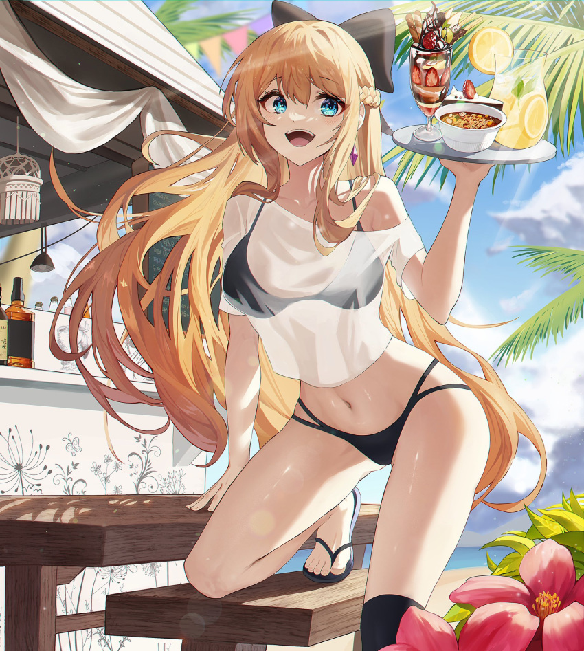 1girl alcohol beach bikini bikini_under_clothes black_bikini black_bow blonde_hair blue_eyes blurry blurry_background bottle bow bowl braid breasts building character_request clouds copyright_request eyebrows_visible_through_hair flip-flops flower food foot_out_of_frame fruit hair_between_eyes hair_bow highres holding holding_tray josal kneehighs large_breasts legs lemon lemon_slice lemonade light_rays liquor long_hair looking_to_the_side menu_board navel off_shoulder open_mouth palm_tree parfait sandals see-through_shirt shadow shiny shiny_skin shirt sidelocks single_kneehigh solo swimsuit symbol-only_commentary table teeth thighs toes tray tree upper_teeth white_shirt