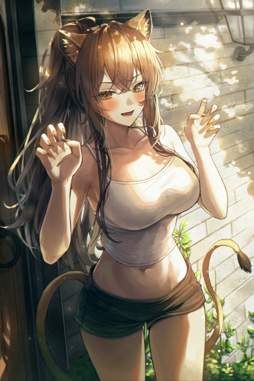 1girl :d absurdres animal_ears arknights armpits bare_arms bare_shoulders black_shorts breasts brown_eyes brown_hair camisole claw_pose collarbone cowboy_shot crop_top day fangs fingernails hands_up highres large_breasts lion_ears lion_girl lion_tail long_hair looking_at_viewer meoyo midriff navel open_mouth outdoors ponytail revealing_clothes sharp_fingernails shirt short_shorts shorts sidelocks siege_(arknights) sleeveless sleeveless_shirt smile solo spaghetti_strap stomach sunlight tail thighs white_shirt