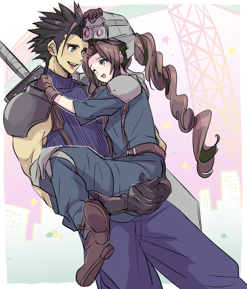 1boy 1girl absurdres aerith_gainsborough armor black_hair boots braid braided_ponytail brown_hair buster_sword carrying cosplay final_fantasy final_fantasy_vii final_fantasy_vii_remake gloves green_eyes happy helmet highres long_hair looking_at_another one_eye_closed princess_carry shinra_infantry shinra_infantry_(cosplay) shoji_sakura shoulder_armor smile spiky_hair weapon weapon_on_back zack_fair