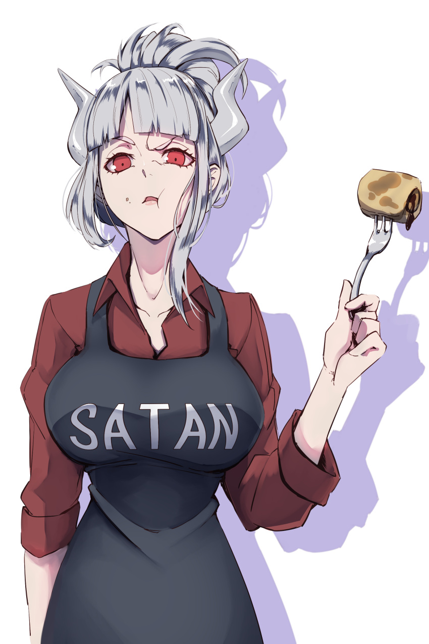 1girl :t absurdres apron arm_at_side arm_up bangs black_apron blunt_bangs breasts collarbone collared_shirt commentary_request demon_girl demon_horns english_text food food_in_mouth food_on_face fork helltaker highres holding holding_fork horns jnakamura1182 large_breasts long_sleeves looking_at_viewer lucifer_(helltaker) open_mouth red_eyes red_shirt shadow shiny shiny_hair shirt short_hair sidelocks silver_hair simple_background sleeves_rolled_up solo standing tied_hair upper_body white_background wing_collar