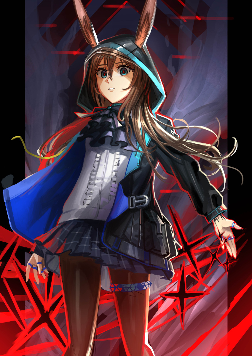 1girl absurdres amiya_(arknights) animal_ears aqua_eyes arknights ascot black_legwear blue_skirt brown_hair commentary cowboy_shot ears_through_headwear frilled_ascot frilled_skirt frills highres hood hood_up jacket jewelry kaki_z3 legs_apart long_hair looking_at_viewer open_mouth parted_lips pleated_skirt rabbit_ears rabbit_girl ring shaded_face skirt solo standing thigh_strap