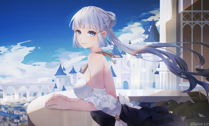 1girl absurdres arch bangs black_dress blue_eyes blue_hair blue_sky blunt_bangs braid castle cityscape closed_mouth dated day detached_sleeves dress fantasy genshin_impact hair_blowing highres kamisato_ayaka lips long_hair mole mole_under_eye outdoors rooftop signature sky smile strapless strapless_dress swkl:d symbol-only_commentary white_dress