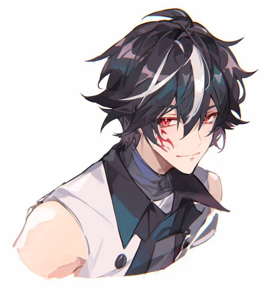 1boy bangs bare_shoulders black_hair black_shirt buttons closed_mouth collared_shirt facial_mark hair_between_eyes highres looking_to_the_side male_focus original portrait red_eyes shirt short_hair simple_background sleeveless smile solo white_background white_hair yusa_(yusa0751)