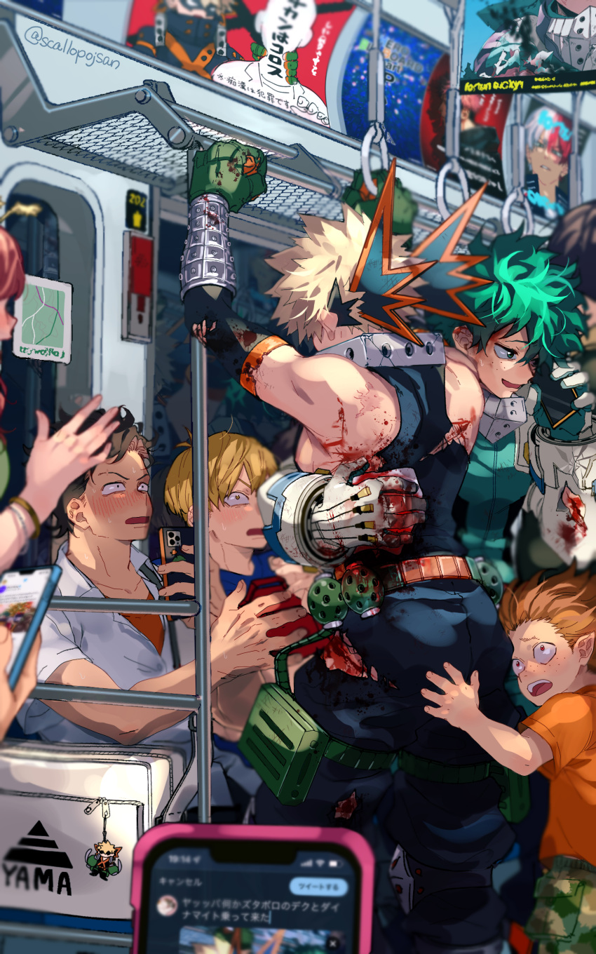 5boys absurdres bakugou_katsuki blonde_hair blood blood_on_clothes blood_on_gloves bodysuit boku_no_hero_academia bus bus_interior cellphone charm_(object) explosive freckles gloves green_bodysuit green_gloves green_hair grenade ground_vehicle highres holding holding_phone injury looking_at_another male_focus mask mask_removed midoriya_izuku motor_vehicle multiple_boys nipple_slip nipples open_mouth phone pointy_ears scallopojisan smartphone spiky_hair torn_clothes twitter_username white_gloves
