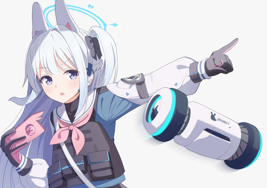 1girl animal_ear_headwear blue_archive bulletproof_vest cellphone commentary_request drone gloves hair_ornament halo highres miyako_(blue_archive) open_mouth phone pointing school_uniform simple_background solo tactical_clothes violet_eyes white_background zundamochi_(pixiv13535730)
