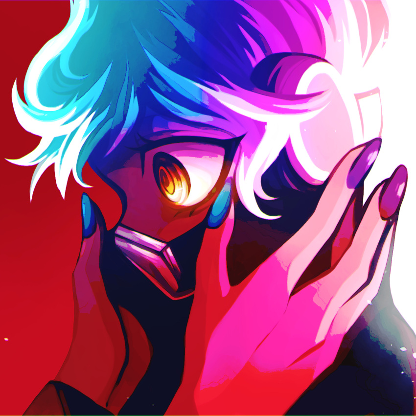 1boy backlighting blue_hair blue_nails bomuchi empty_eyes from_side hands_on_another's_cheeks hands_on_another's_face headphones highres long_sleeves looking_at_another male_focus mask ortho_shroud out_of_frame red_background short_hair simple_background solo twisted_wonderland yellow_eyes