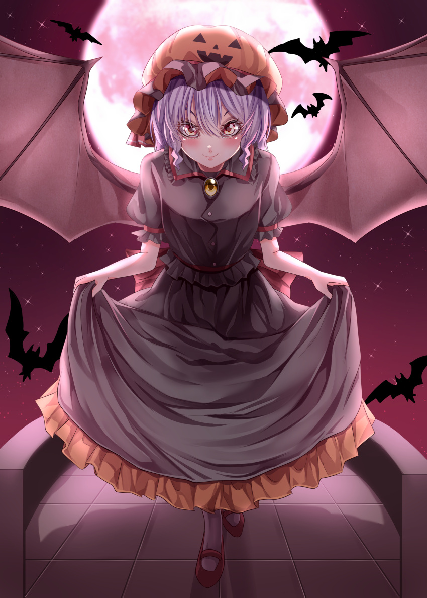 1girl absurdres adapted_costume bat bat_wings black_shirt black_skirt blush breasts closed_mouth collared_shirt commentary_request eyebrows_behind_hair flower frilled_shirt_collar frilled_skirt frilled_sleeves frills full_body full_moon hair_between_eyes halloween hat highres looking_at_viewer maboroshi_mochi mary_janes mob_cap moon pink_eyes puffy_short_sleeves puffy_sleeves pumpkin_hat purple_hair red_flower red_moon remilia_scarlet shirt shoes short_hair short_sleeves skirt skirt_hold small_breasts solo touhou white_legwear wings