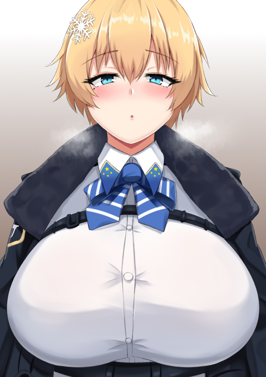 1girl :o absurdres bangs black_jacket blonde_hair blue_bow blue_bowtie blue_eyes blush bow bowtie breasts collared_shirt commentary eyebrows_visible_through_hair girls_frontline gradient gradient_background hair_between_eyes hair_ornament highres jacket large_breasts looking_at_viewer magazine_(weapon) mole mole_under_eye open_clothes open_jacket parted_lips shirt short_hair sidelocks simple_background snap-fit_buckle snowflake_hair_ornament solo steam striped striped_bow striped_bowtie upper_body vsk-94_(girls'_frontline) white_shirt wuwusan
