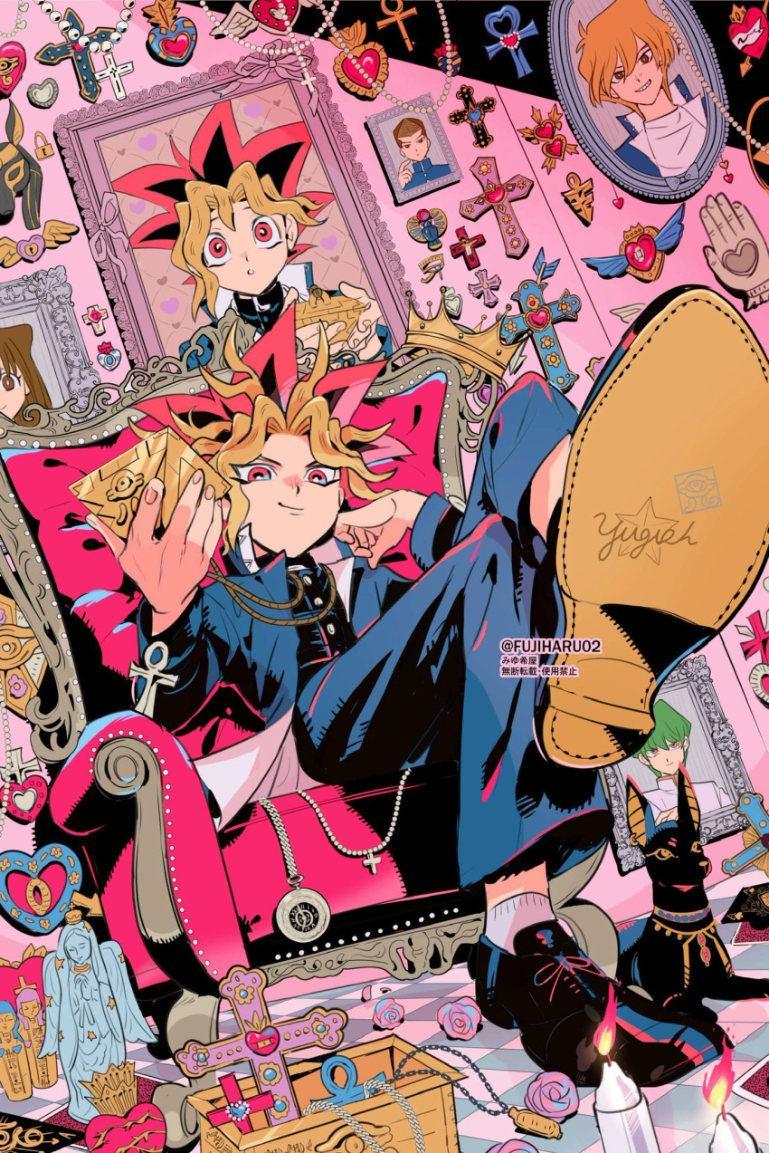 ankh candle chair cross crossed_legs fujiharu_(akamine) highres honda_hiroto jounouchi_katsuya kaiba_seto looking_at_viewer mazaki_anzu millennium_puzzle mutou_yuugi painting_(object) signature twitter_username yami_yuugi yu-gi-oh! yu-gi-oh!_duel_monsters