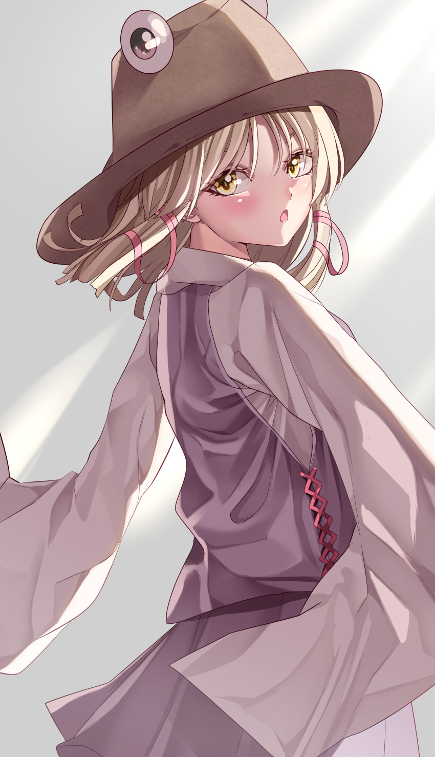1girl absurdres blonde_hair blush brown_headwear commentary cowboy_shot eyebrows_behind_hair from_side grey_background hair_ribbon hat highres long_sleeves looking_at_viewer looking_to_the_side maboroshi_mochi medium_hair moriya_suwako open_mouth purple_skirt purple_vest red_ribbon ribbon shirt simple_background skirt sleeves_past_fingers sleeves_past_wrists solo touhou vest white_shirt yellow_eyes
