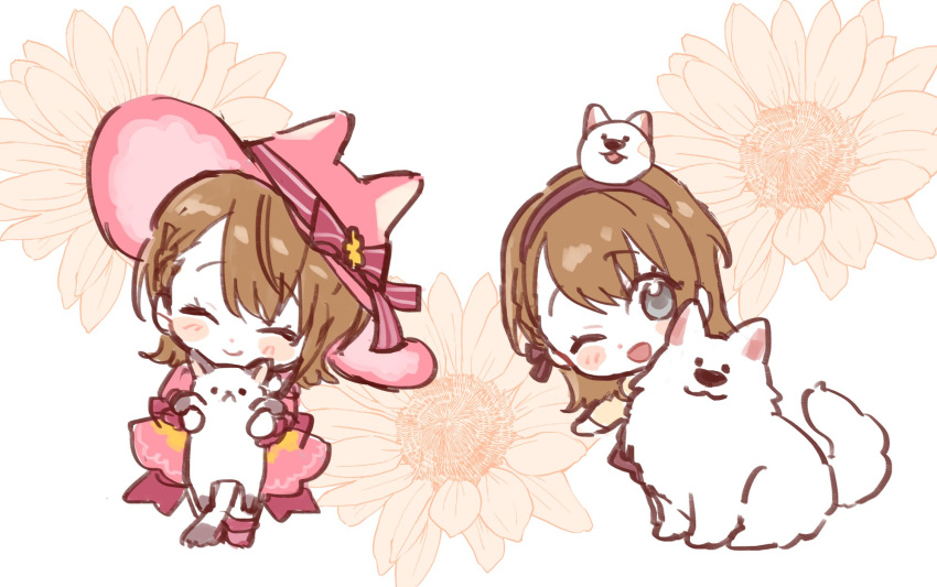 1girl ;d ^_^ animal animal_ears back_bow bangs blush_stickers bow braid brown_hair cat chibi cholognamul closed_eyes closed_mouth dog dog_hair_ornament dot_nose dress eyebrows_visible_through_hair facing_viewer fake_animal_ears floral_background flower full_body grey_eyes hair_ornament hairband hanasato_minori happy hat hat_ribbon hat_with_ears highres holding holding_animal holding_cat leaning_to_the_side multiple_views one_eye_closed pink_bow pink_dress project_sekai ribbon short_dress short_hair side-by-side simple_background smile sunflower swept_bangs white_background witch_hat yellow_flower