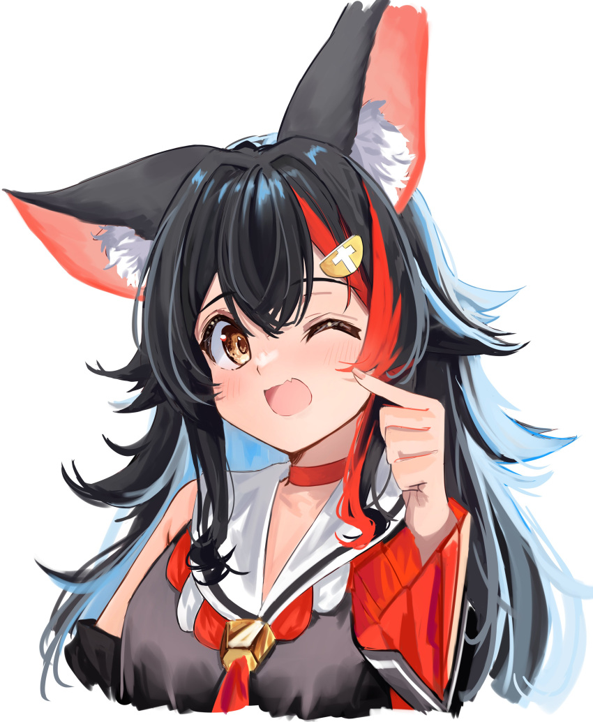 1girl :d absurdres animal_ears back_slit backlighting bangs black_hair blue_hair blush breasts choker collarbone commentary_request cropped_torso daichi_(daichi_catcat) eyebrows_visible_through_hair fang grey_hair hair_between_eyes hair_ornament hairclip hand_up highres hololive long_hair long_sleeves looking_at_viewer medium_breasts multicolored_hair one_eye_closed ookami_mio red_choker redhead sailor_collar shiny shiny_clothes shiny_hair sidelocks simple_background skin_fang smile solo streaked_hair tareme upper_body virtual_youtuber white_background white_hair wide_sleeves wolf_ears wolf_girl yellow_eyes