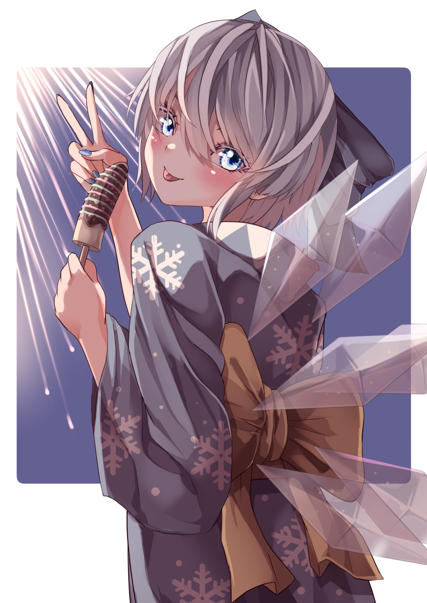 1girl absurdres back_bow blue_background blue_bow blue_eyes blue_hair blue_kimono blue_nails blush bow cirno commentary_request cowboy_shot detached_wings eyebrows_behind_hair fireworks food from_behind hair_between_eyes hair_bow highres holding holding_food ice ice_wings japanese_clothes kimono long_sleeves looking_at_viewer looking_back maboroshi_mochi nail_polish print_kimono short_hair snowflake_print solo tongue tongue_out touhou v wide_sleeves wings yellow_bow yukata