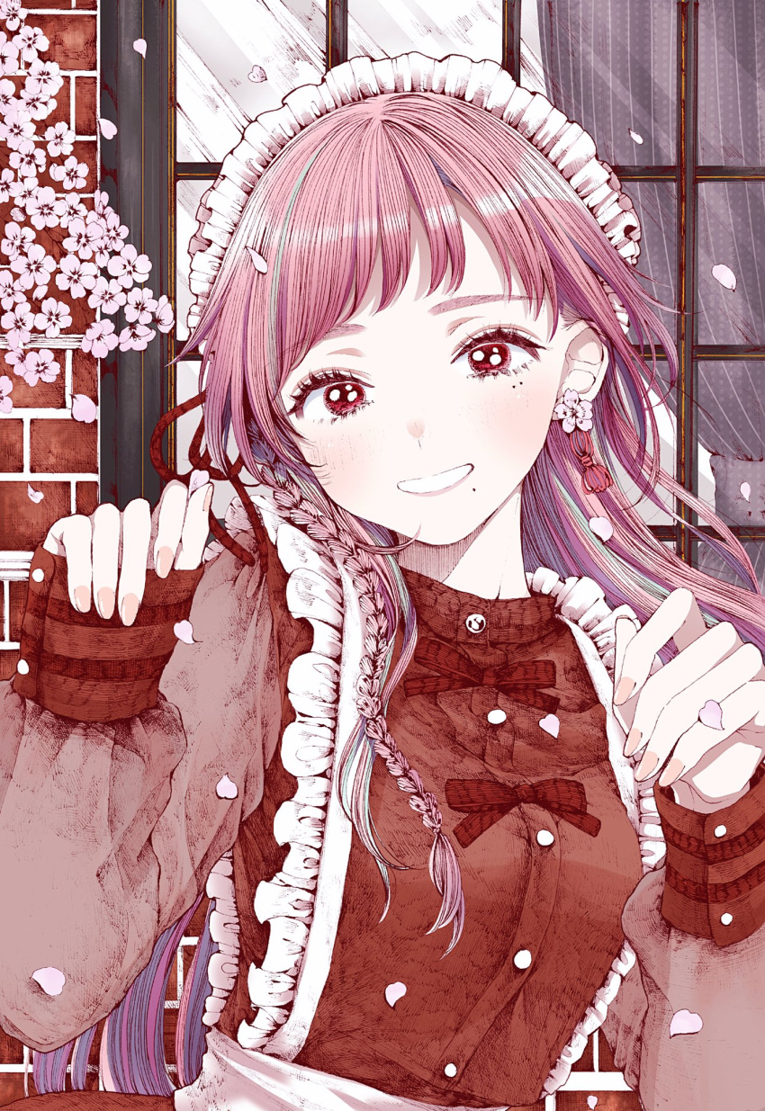 1girl blush bow braid cherry_blossoms curtains earrings fingernails green_hair hatching_(texture) highres jewelry long_hair maid maid_headdress mole mole_under_eye mole_under_mouth multicolored_hair nail_polish original outdoors petals pink_hair red_bow red_eyes roroichi single_earring sleeves_past_wrists smile solo streaked_hair window