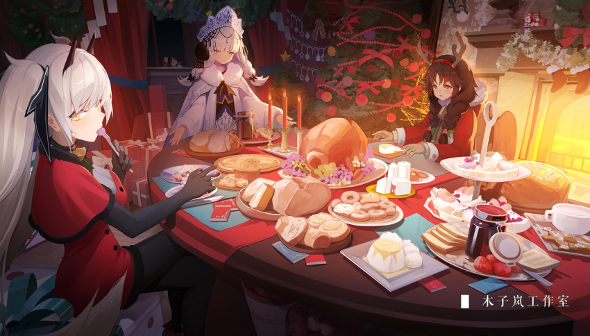 3girls ahoge ash_arms braid breasts chinese_clothes christmas christmas_tree fireplace food fw190_(ash_arms) highres kv-2_(ash_arms) large_breasts long_hair looking_at_viewer moonslanstudio multiple_girls panzer_iii_(ash_arms) santa_costume scenery sitting smile table twin_braids twintails yellow_eyes