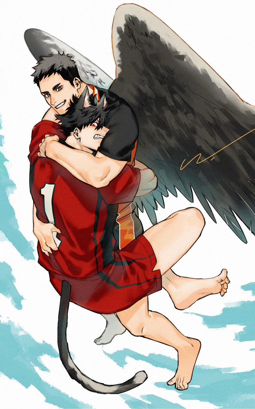 2boys animal_ears bangs barefoot black_clothes black_hair black_wings blue_sky brown_hair carrying carrying_person cat_boy cat_ears cat_tail clinging clouds cloudy_sky day feathered_wings flying grey_eyes grin haikyuu!! highres jersey jo_tuesday19 kuroo_tetsurou looking_at_another looking_down male_focus multiple_boys muscular muscular_male numbered red_clothes sawamura_daichi scared short_hair short_sleeves shorts sideburns signature sky smile spiky_hair sportswear tail tail_through_clothes volleyball_uniform wings