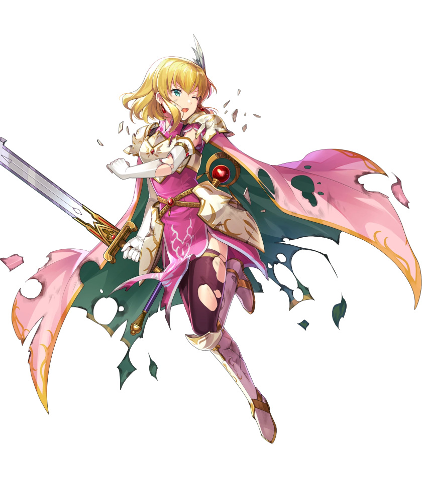 1girl armor artist_request bangs black_legwear blonde_hair blue_eyes breastplate cape dress elbow_gloves fire_emblem fire_emblem:_thracia_776 fire_emblem_heroes full_body gloves greaves highres holding holding_sword holding_weapon nanna_(fire_emblem) non-web_source official_art one_eye_closed open_mouth pauldrons pink_cape pink_dress short_hair shoulder_armor solo staff sword thigh-highs torn_cape torn_clothes torn_legwear transparent_background weapon white_gloves wing_hair_ornament