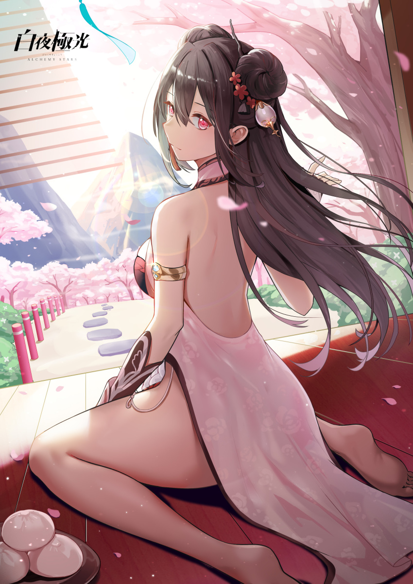 1girl 2r-_(pixiv8168114) absurdres alchemy_stars armlet backless_dress backless_outfit bare_legs barefoot black_hair breasts cherry_tree china_dress chinese_clothes closed_mouth dress falling_petals fingerless_gloves floating_hair flower food from_behind gloves hair_between_eyes hair_flower hair_ornament highres large_breasts long_hair looking_at_viewer looking_back mountain petals pink_dress pink_eyes sitting solo thighs tree wagashi wariza wind yao_(alchemy_stars)