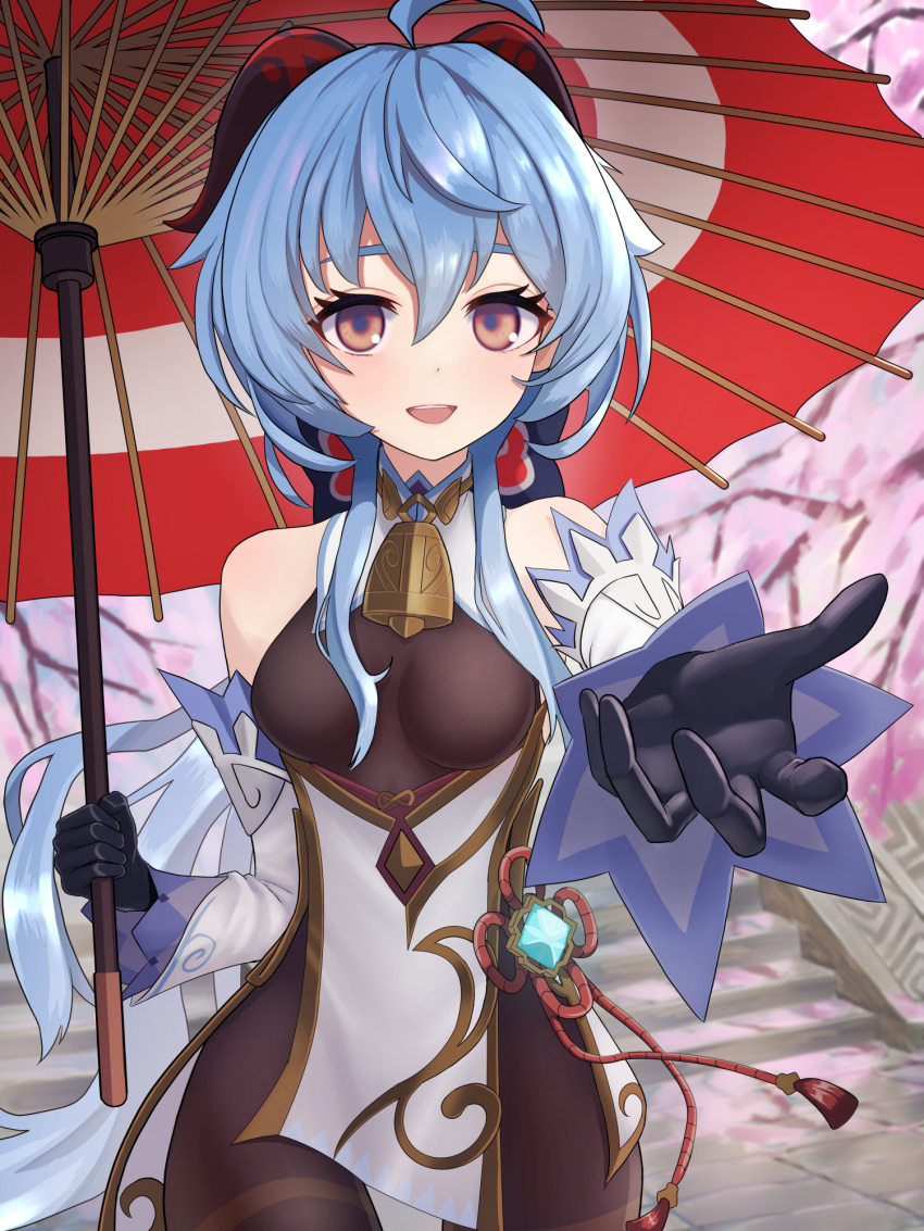 1girl ahoge bangs bare_shoulders bell black_gloves black_legwear blue_hair blush bow breasts cherry_blossoms chinese_knot detached_sleeves flower_knot ganyu_(genshin_impact) genshin_impact gloves gold_trim highres holding holding_umbrella horns long_hair looking_at_viewer low_ponytail medium_breasts neck_bell oil-paper_umbrella pelvic_curtain red_rope rojiurao rope sidelocks smile solo tassel thighlet umbrella violet_eyes vision_(genshin_impact) white_sleeves
