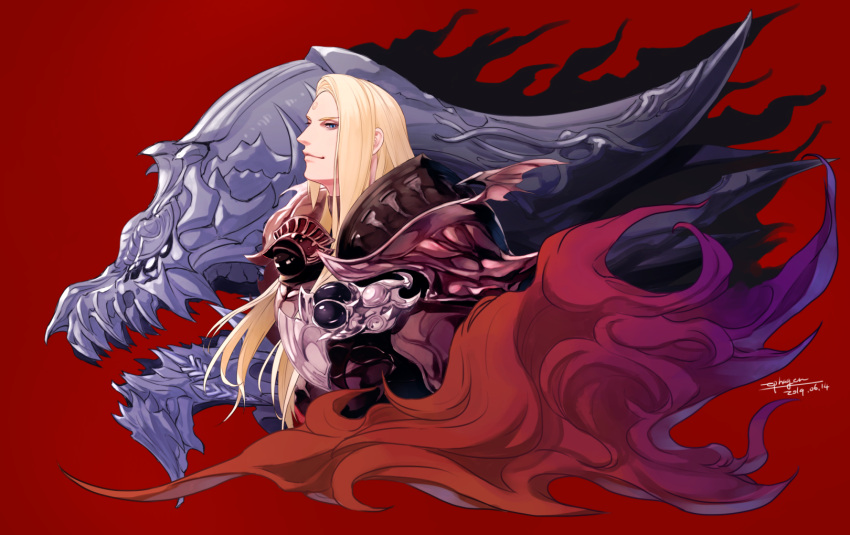 1boy armor blonde_hair blue_eyes cape dragon final_fantasy final_fantasy_xiv garlean hanabusahuji2 highres long_hair looking_at_viewer male_focus shinryuu_(final_fantasy) simple_background smile solo third_eye upper_body zenos_yae_galvus