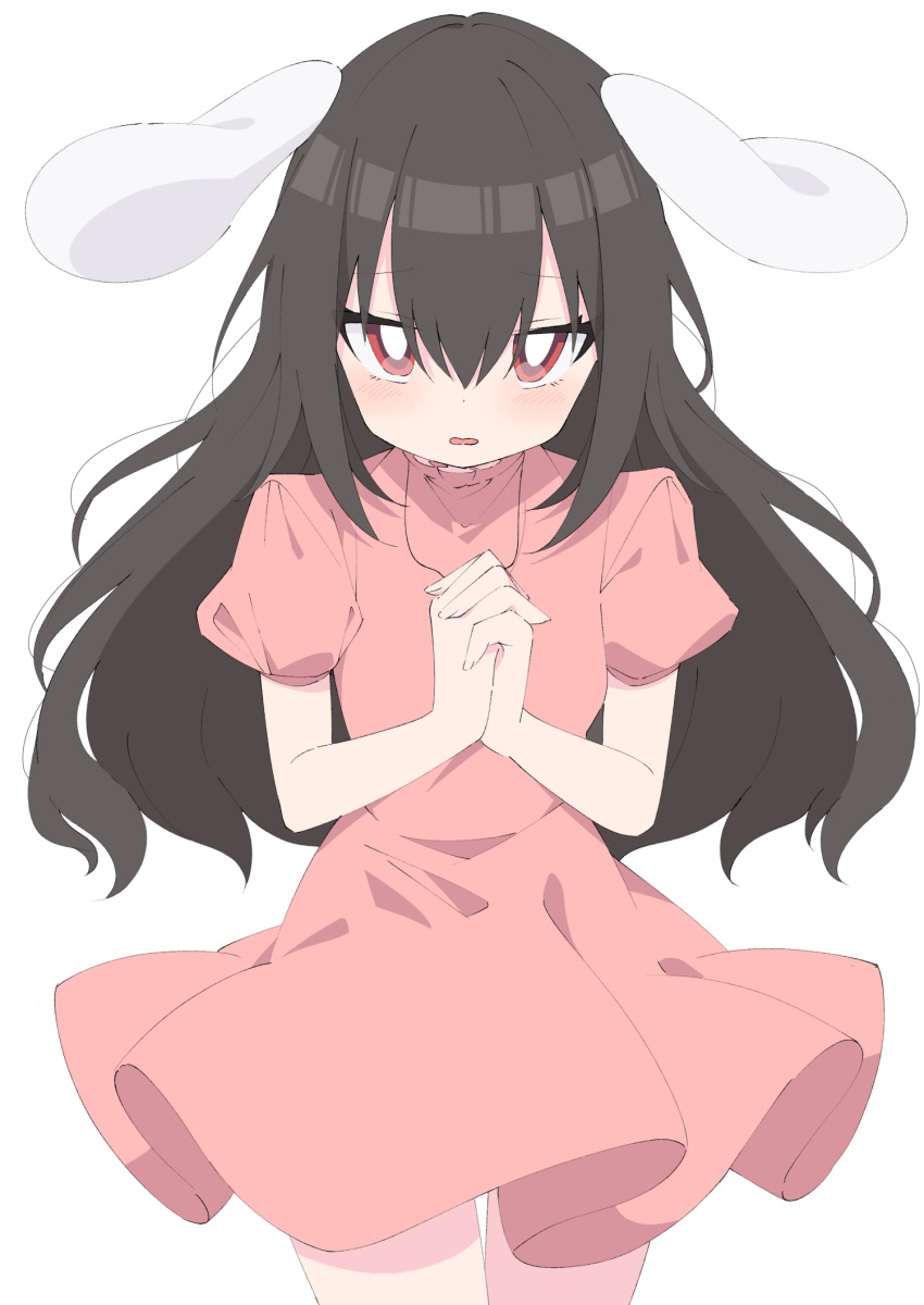 1girl alternate_hair_length alternate_hairstyle animal_ears black_hair blush cowboy_shot dress eyebrows_visible_through_hair hair_between_eyes highres inaba_tewi interlocked_fingers jewelry long_hair looking_at_viewer necklace open_mouth pink_dress puffy_short_sleeves puffy_sleeves rabbit_ears red_eyes short_sleeves simple_background solo touhou tsukimirin white_background
