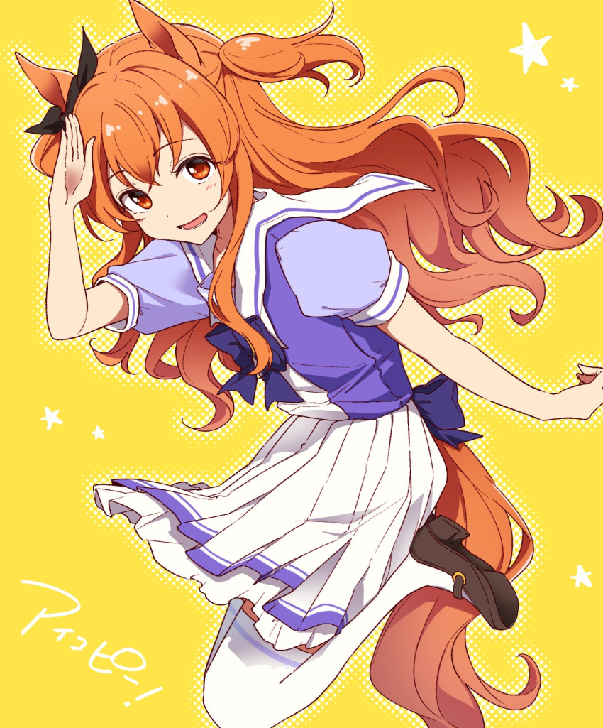 1girl animal_ears ayame_iro_(toumei_dolce) black_ribbon commentary_request ear_ribbon highres horse_ears horse_girl horse_tail long_hair looking_at_viewer mayano_top_gun_(umamusume) orange_eyes orange_hair ribbon school_uniform short_sleeves simple_background skirt solo tail thigh-highs tracen_school_uniform umamusume white_legwear white_skirt yellow_background