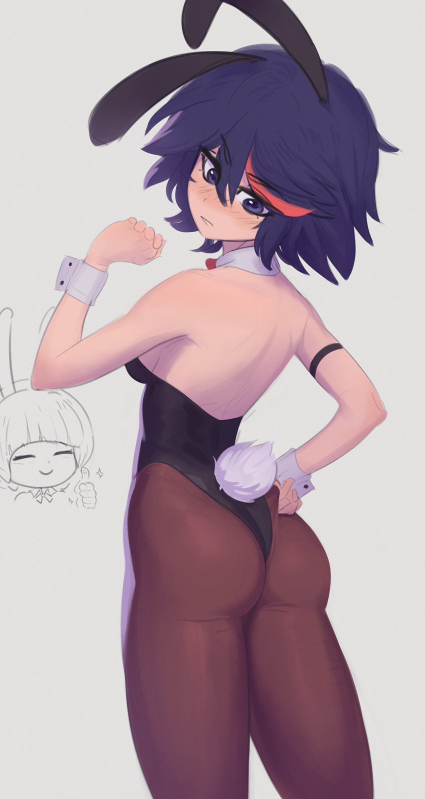 2girls absurdres animal_ears arm_up ass bare_shoulders behind_another black_hair black_leotard blush blush_stickers breast_grab breasts clenched_hand cowboy_shot daniel_deves detached_collar fake_animal_ears grabbing groping hand_up highres kill_la_kill leotard looking_at_another looking_down mankanshoku_mako matoi_ryuuko medium_breasts multicolored_hair multiple_girls pantyhose playboy_bunny rabbit_ears redhead short_hair smile standing strapless strapless_leotard streaked_hair sweatdrop undersized_breast_cup unfinished wrist_cuffs yuri