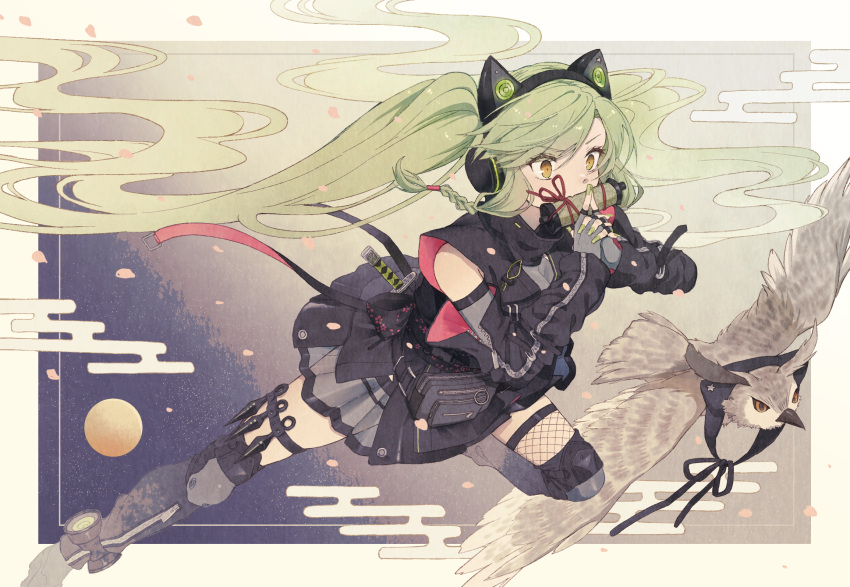 1girl alternate_costume bird breasts cat_ear_headphones commission eyebrows_visible_through_hair fingerless_gloves girls_frontline gloves green_hair green_nails grey_gloves headphones highres jacket light_brown_eyes long_hair looking_away magal_(girls'_frontline) mouth_hold nail_polish ninja owl pixiv_request rabb_horn skirt solo standing standing_on_one_leg twintails