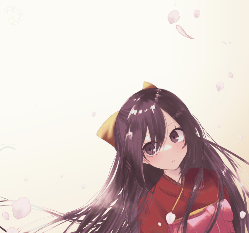 1girl bow cherry_blossoms commentary_request hair_bow hakama head_tilt highres japanese_clothes kamikaze_(kancolle) kantai_collection long_hair meiji_schoolgirl_uniform mizunototori one-hour_drawing_challenge partial_commentary petals pink_hakama purple_hair solo upper_body violet_eyes