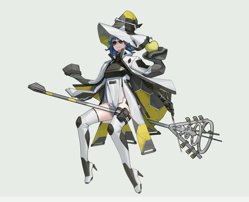 1girl apple blue_hair book breasts broom broom_riding facing_viewer food frown fruit full_body hat high_heels highres jacket jacket_on_shoulders lulu_(s7kbk9) mechanical_arms original small_breasts solo sunglasses thigh-highs thigh_pouch white_background white_legwear witch_hat
