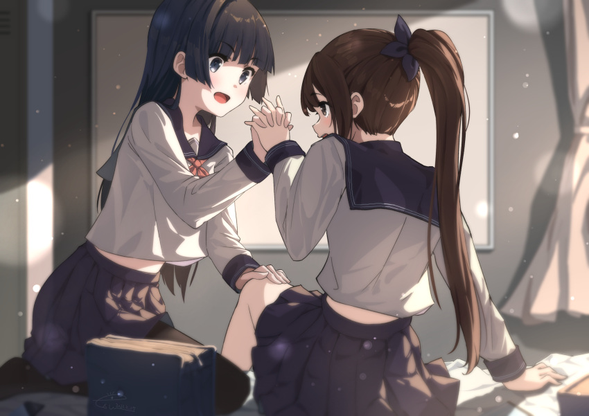 2girls bangs black_eyes black_hair black_legwear blue_sailor_collar blue_skirt brown_eyes brown_hair hand_grab hand_on_own_head highres hime_cut long_hair long_sleeves multiple_girls neckerchief original pantyhose pleated_skirt ponytail raiz_art_works red_neckerchief sailor_collar school_uniform serafuku skirt uniform white_serafuku yuri