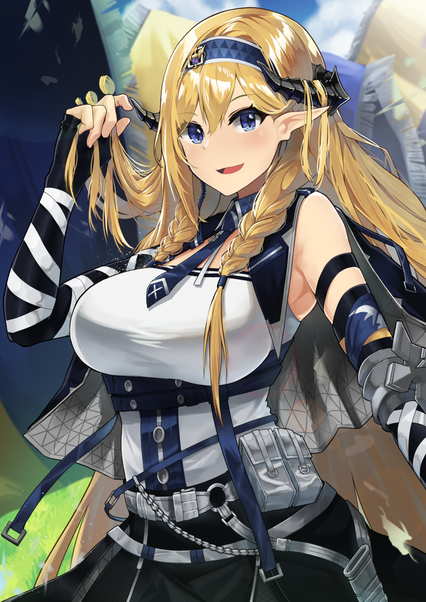 1girl :d absurdres arknights arm_strap bangs banner bare_shoulders belt belt_pouch black_gloves black_skirt blonde_hair blue_eyes blue_hairband blush braid breasts cowboy_shot day dragon_horns elbow_gloves eyebrows_visible_through_hair fingerless_gloves gloves hairband hand_up highres holding holding_hair horns large_breasts long_hair looking_at_viewer nanamilem open_mouth outdoors pointy_ears pouch saileach_(arknights) skirt smile solo twin_braids underbust very_long_hair